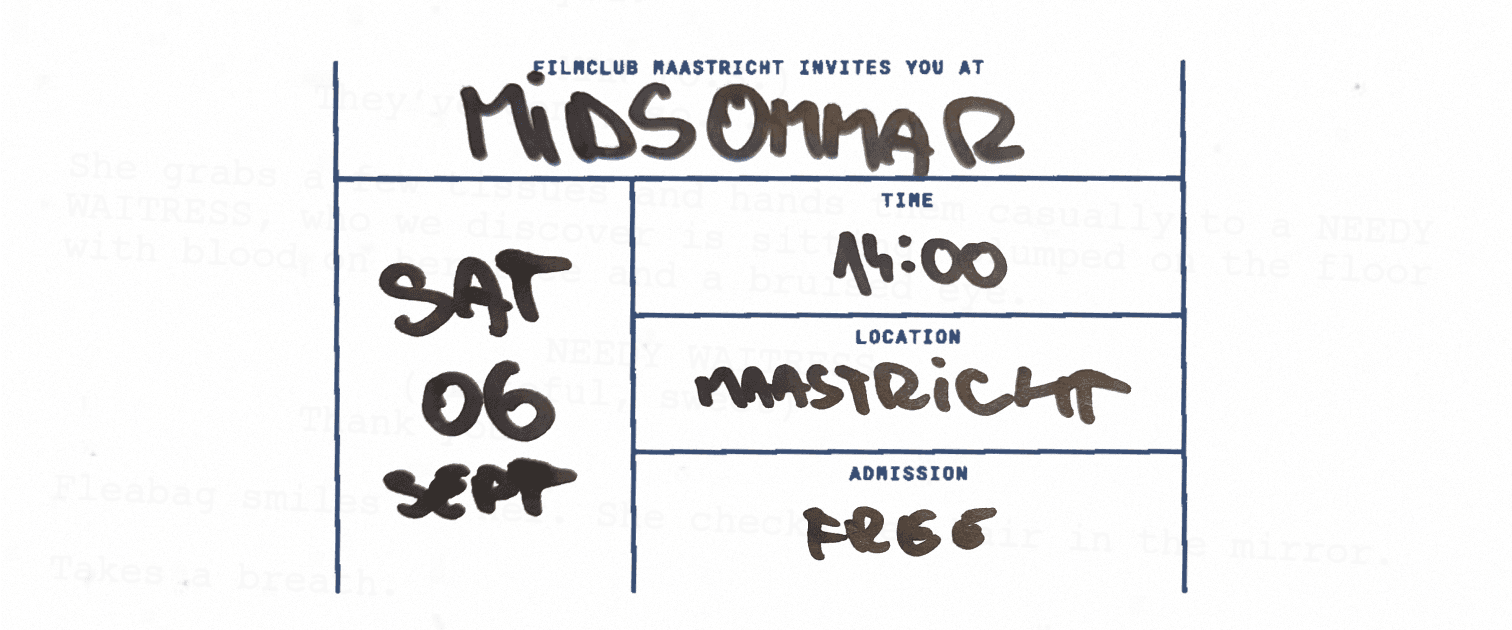 An image of an admission ticket for the Midsommar event. It contains the same information as the event details section, including the title, date, and location.